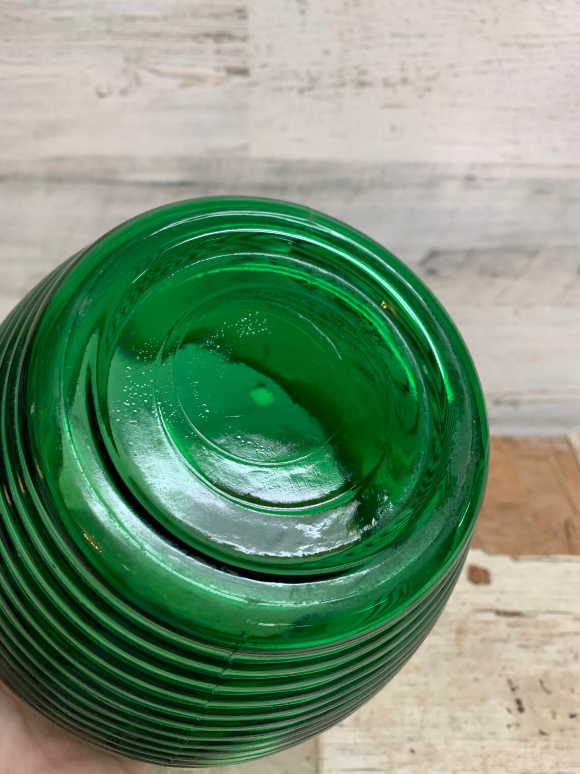 Vintage Forest Green Glass Flower Vase Planter Ribbed Ringed Etsy