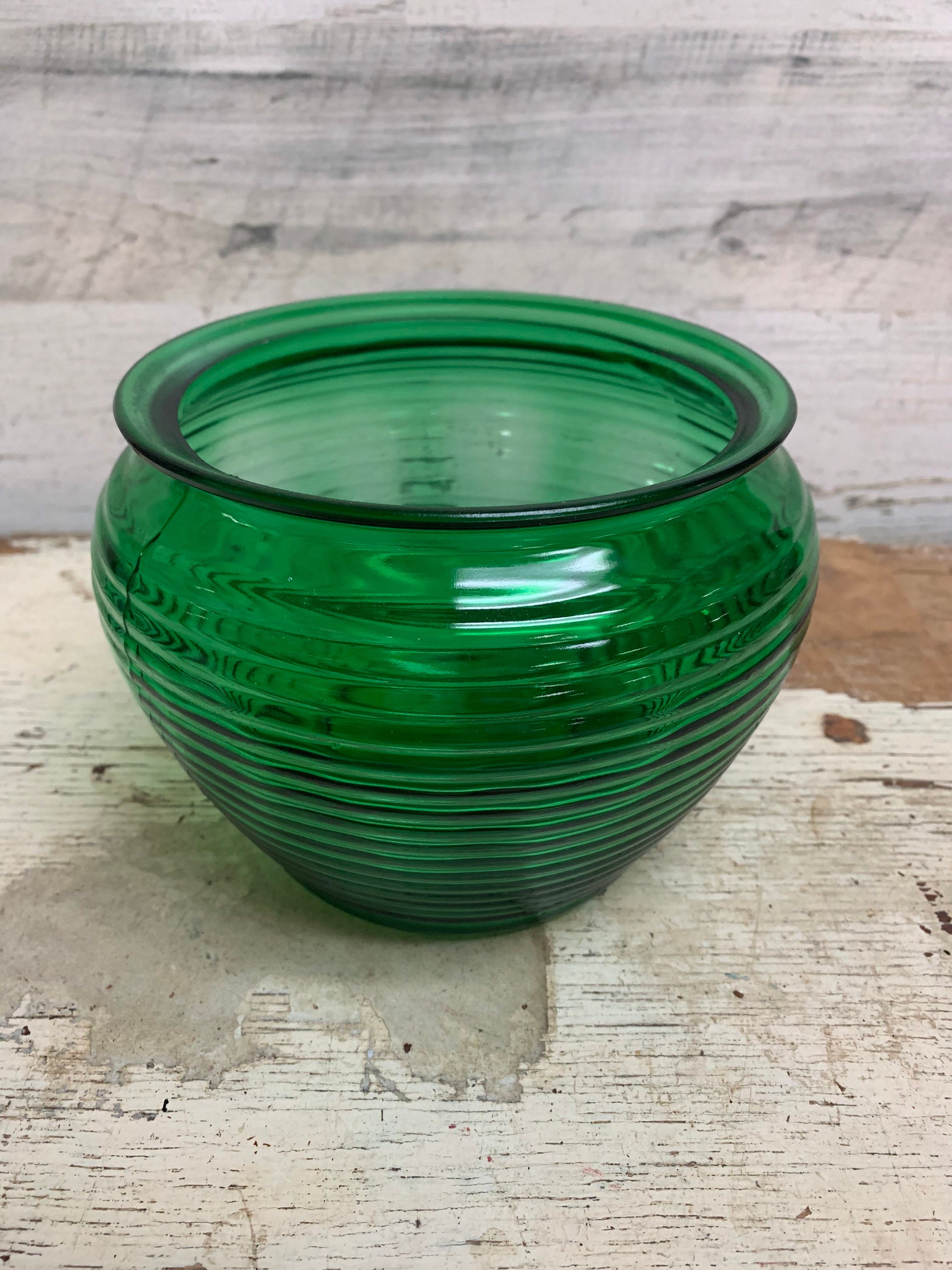Vintage Forest Green Glass Flower Vase Planter Ribbed Ringed Etsy