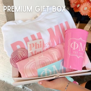 Phi Mu Sorority Gift Box: Comfort Colors Shirt, Cup, Button