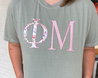 Phi Mu Greek Letter Patchwork Comfort Colors T-Shirt | Sorority Merch and Greek Life Apparel