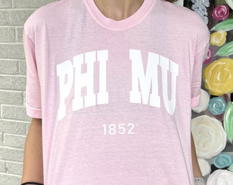 Phi Mu Sorority T-Shirt: Comfort Colors Block Letter Tee