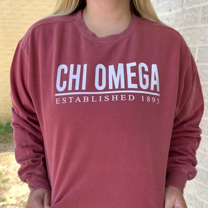 Chi Omega with Line and Established Date | Comfort Color Sweatshirt | Chi O Sorority Merch, Greek Life Apparel, Big Little Gifts