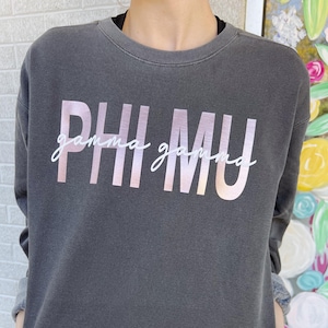Phi Mu Bold Letter with Script Sweatshirt | Phi Mu Sorority Merch, Greek Life Apparel, Big Little Reveal Gift, Preppy Sorority Sweatshirts
