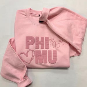 Phi Mu with Hearts Puff Sweatshirt | Phi Mu Sorority Merch, Greek Apparel, Preppy Sorority, Big Little Reveal