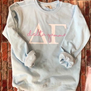 May include: A light blue sweatshirt with a white Greek letter design and the text "delta gamma" in pink.