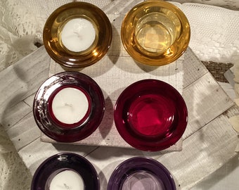 Crate and Barrel Glass Votive / Tea Light Holders Set Of 6 Red, Amber, Purple