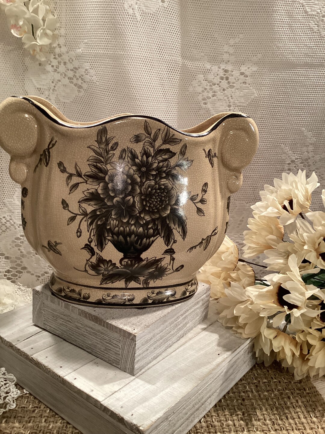 Porcelain Jardinière Cachepot Foot Bath Footed Cream and Black Florals