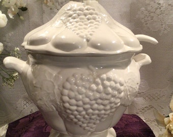 California Pottery Grape Embossed Soup Tureen W/ Ladle -  4QTS