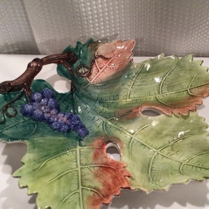 Large Grape  Leaf Serving Platter Dish With Grape Motif -17”