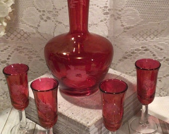 Bohemian Etched Cranberry Glass Decanter/Carafe Set with 4 Stemmed Cordial Glasses