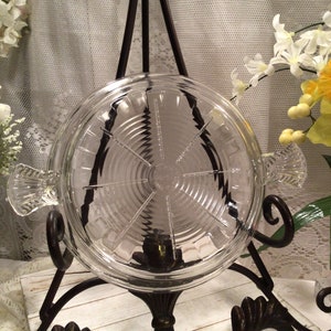 Vintage Fire King USA Philbe Clear Glass Casserole Lid Trivet With Ornate Handles