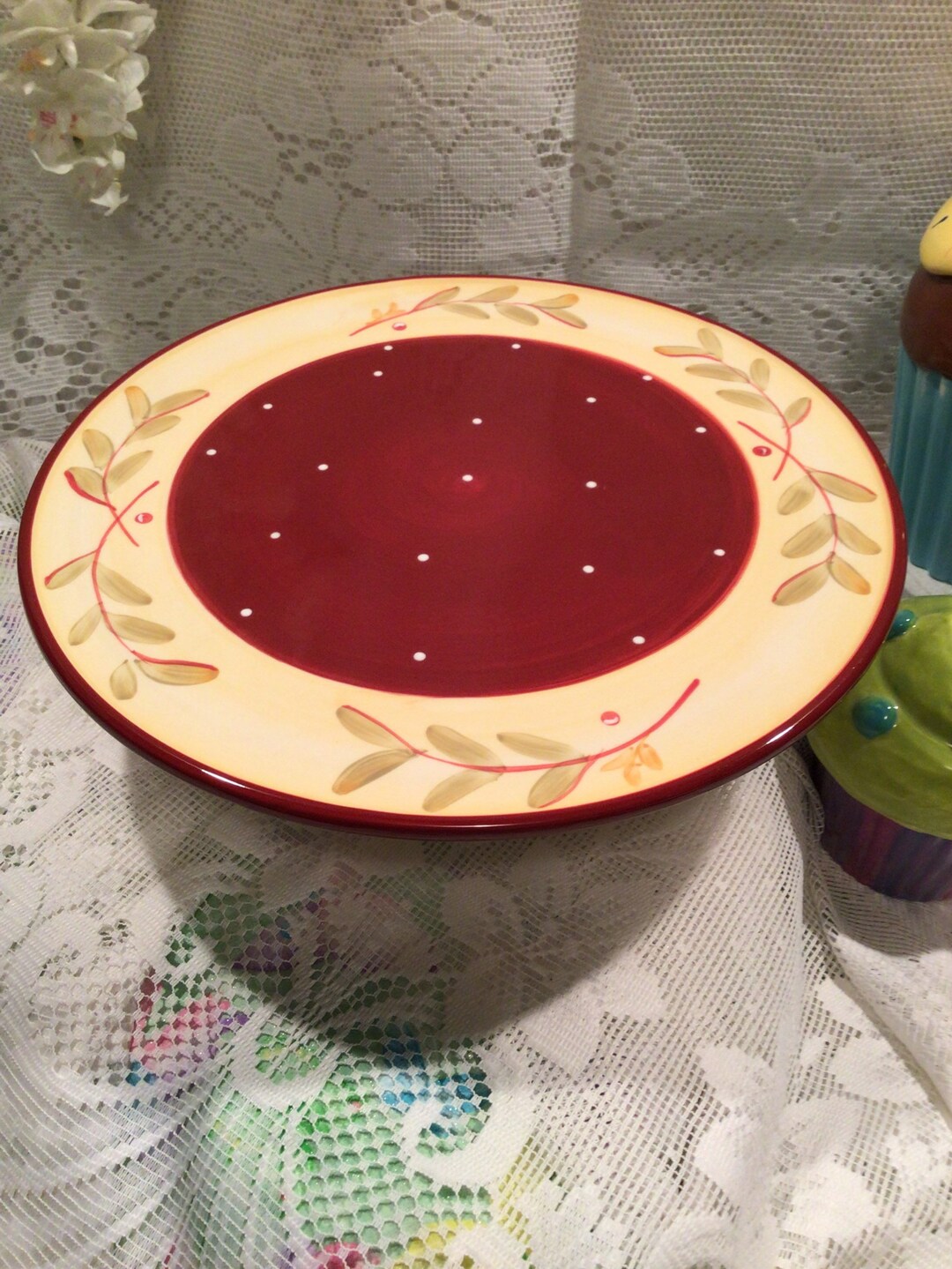 Ceramic Pedestal Cake Stand Burgundy and Yellow Hand Painted by Deb Hrabik Etsy