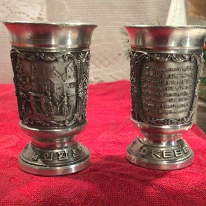 Set of 2 - WMF Zinn Ges Gesch Pewter  Embossed Germany Stemmed Shot Glasses
