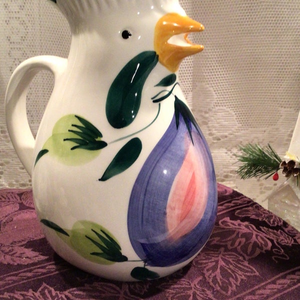 Italian Hand Painted Ceramic Chicken Pitcher Vase  “The Cellar”1995