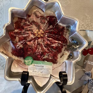Puede incluir: Un molde para pastel de metal plateado en forma de poinsettia con un postre de gelatina roja en su interior. El molde está sobre un soporte negro. La etiqueta en el molde dice "Poinsettia" y "Etoile de Noel".