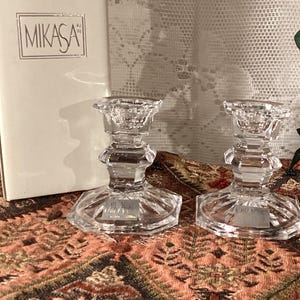 Mikasa Edinburgh Pair of Crystal Tapered Candlestick Holders 3” Tall With Box