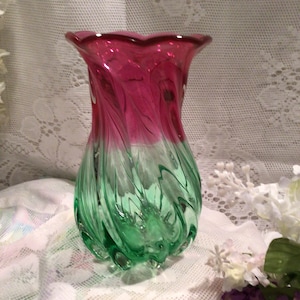 Teleflora Handblown Italy Cranberry and Green Swirl Glass Vase