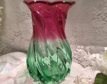Teleflora Handblown Italy Cranberry and Green Swirl Glass Vase