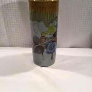 Mexico Pottery Hand Painted Tonala Style Blue Flower Green Brown Vase Decor
