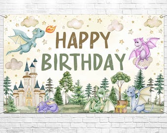 Dragon Birthday Backdrop, Dragon Theme Castle Happy Birthday Vinyl Photo Background Dragon Themed Birthday 6x3.6 ft