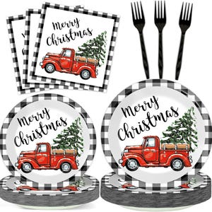 May include: A set of black and white checkered paper plates and napkins with a red truck carrying a Christmas tree and the text "Merry Christmas".