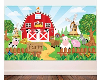 Farm Animals Theme Party Backdrop, Farm Animals Barn Backdrop Banner for Farm Birthday Decorations, Farm Animals Background Photo Booth