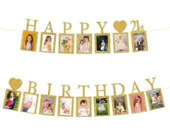 21st Birthday Photo Banner, 21st Birthday Gold Glitter Banner, 21st Party Decorations, 21st Party Supplies, Milestone Photo Banner