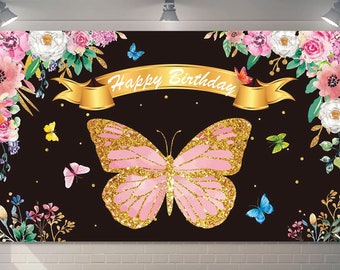 Butterfly Birthday Backdrop Girl Floral Butterfly Birthday Photo Background Pink and Gold Floral Butterfly Birthday Banner Backdrops