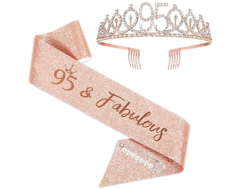 95th Birthday Sash and Tiara for women, 95 & Fabulous Birthday Sash Crown 95th Sash and Tiara for Women, Rose Gold Sash and Tiara