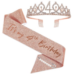 4th Birthday Sash and Tiara for Girls, It&#39;s my 4th Birthday Sash Crown 4th Sash and Tiara for Girls, Rose Gold Sash and Tiara