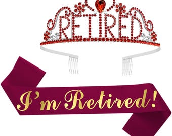 Retirement Sash & Rhinestone Tiara Set, I'm Retired Sash and Red crown, Red and Gold Glitter Women Retirement Sash, Retirement Gifts