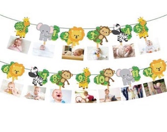 Wild One Photo Banner, Jungle Animals Monthly Photo Banner Safari First Birthday Photo Banner, Wild One Party Decorations