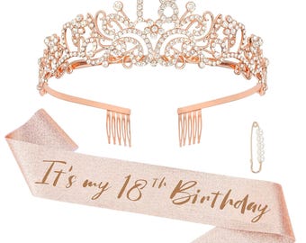 18th Birthday Sash and Tiara, 18th Birthday Sash and Crown, 18th Sash and Tiara for Girls, Rose Gold Sash and Tiara, 18th Birthday Gift
