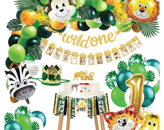 Wild One Birthday Decoration, Safari Baby First Birthday Decor Kit, Boy's Jungle 1st Birthday Party Balloon Set, Wild One High chair banner