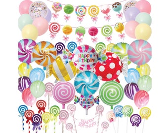 Candyland Birthday Party Decorations, Lollipop Banner, Sweet Candy Balloons, Candy Cake Toppers, Candy Balloons for Girls Candyland Birthday