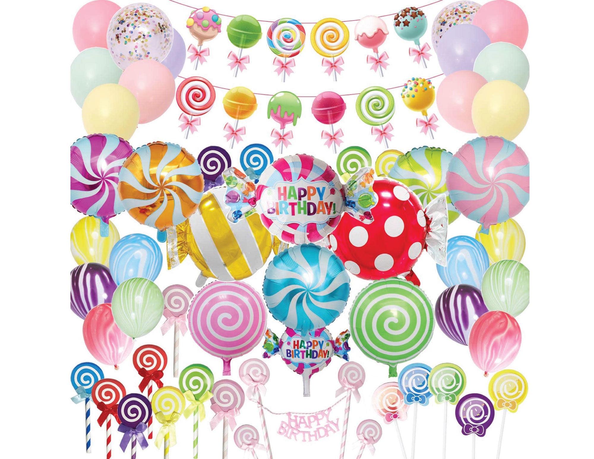 thumbnail image 2 of Candy Happy Birthday Banner - Sweet Candyland Party Decorations Banner With 15 Cards & 6.6ft Ribbon 2 of 13