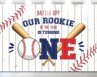 Baseball 1st Birthday Backdrop, Our Rookie of The Year is Turning One Banner, 7x5ft Vinyl Photo Background, Baseball First Birthday