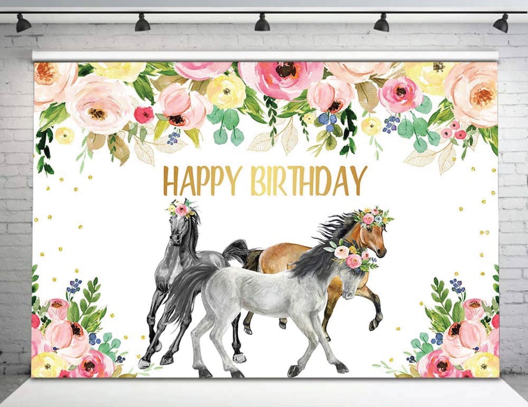 Horse Birthday Backdrop, Watercolor Flower Horse Kids Happy Birthday