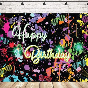 May include: A black backdrop with colorful paint splatters and neon accents. The words "Happy Birthday" are written in a glowing, stylized font. Sunglasses graphics are scattered across the design, creating a festive party theme.