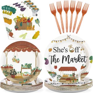 May include: A collection of party supplies featuring a market theme. Includes paper plates with a market stall design and the text "She's Off The Market", orange plastic forks, and napkins with vegetable illustrations.