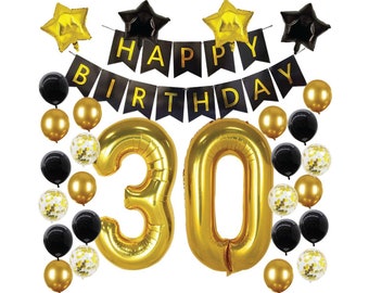 Buon 30th compleanno poster scritto a mano celebrazione. Nero e oro confetti decorazioni per feste di compleanno o anniversario. Facile da modificare il modello vettoriale fo Immagine e Vettoriale