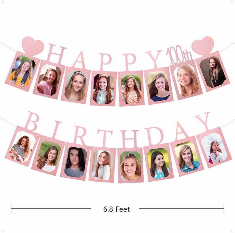100th Birthday Photo Banner, 100th Birthday Rose Gold Glitter Banner ...