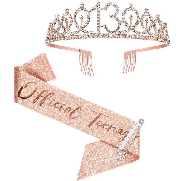 13th Birthday Sash and Tiara for Girls, Official Teenager Birthday Sash Crown 13th Sash and Tiara for Girls, Rose Gold Sash and Tiara