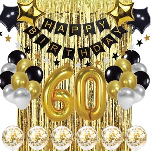 Black and Gold 60th Birthday Decorations, Happy Birthday Banner, 60th Gold Balloons, 60 Years Old Birthday Decoration Supplies