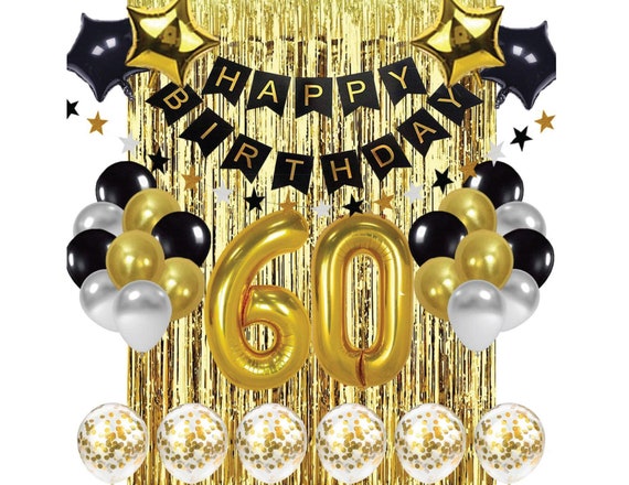 Decoraciones de cumpleaños 60 en negro y oro, pancarta de feliz