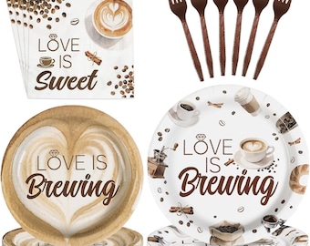 Love is Brewing Bridal Shower Plates, Napkins, Forks Disposable Tableware Serves 24, Coffee Themed Engagement Party Dinnerware