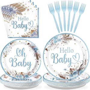 May include: A baby shower party set with plates, napkins, and forks. The plates and napkins have a floral design with the text "Hello Baby" and "Oh Baby" in blue script. The forks are light blue.