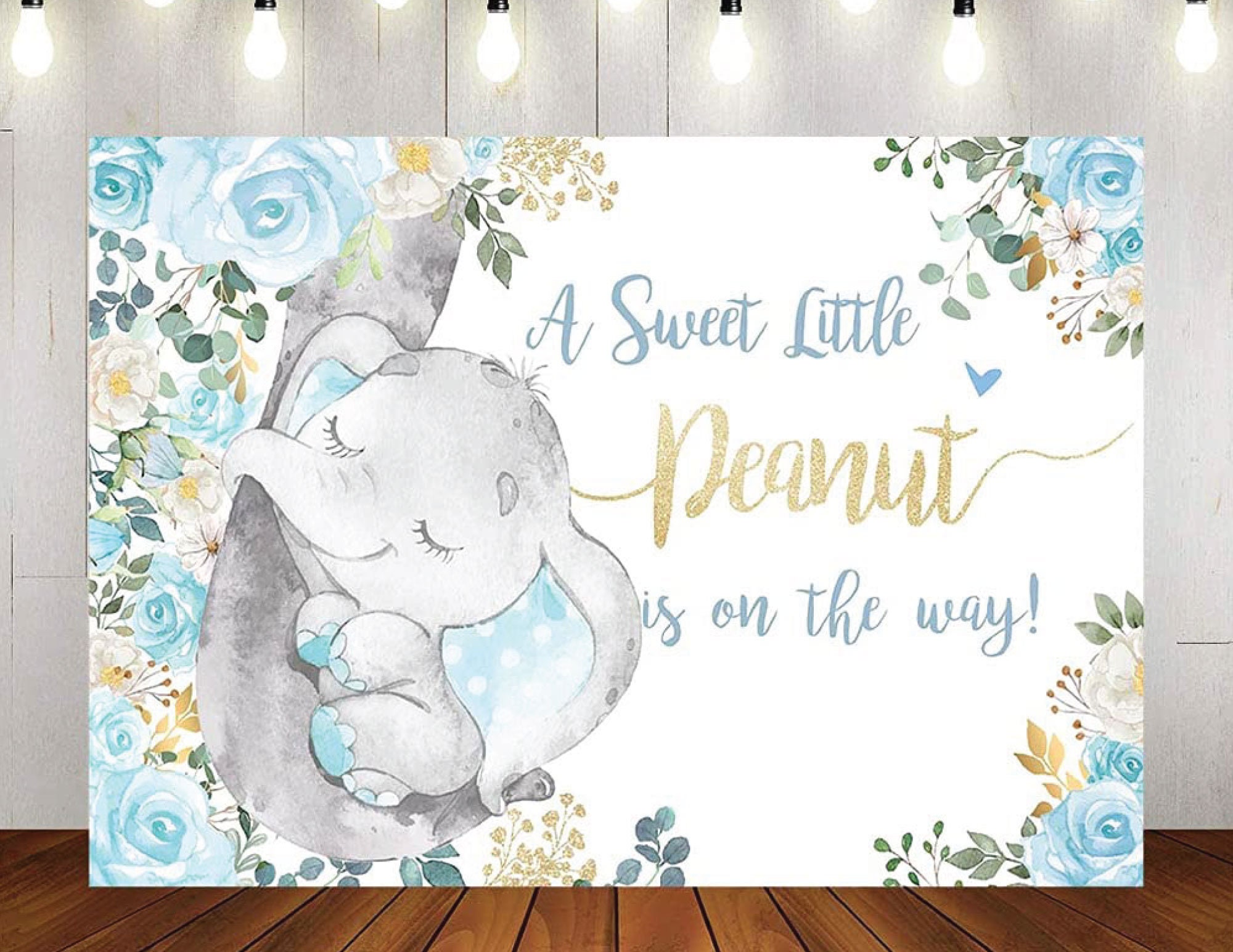 Boy Elephant Baby Shower Backdrop Blue and Gold Floral Elephant Photography Background 7x5ft Vinyl Photo Background 5x7ft