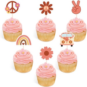 Hippie Groovy Cupcake Toppers, Boho Retro Hippie Party 60s Theme Daisy Flower Birthday Decorations, Two Groovy Cupcake Toppers image 4