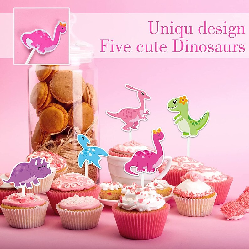 Dinosaur Cupcake Toppers 35pcs Girl's Pink Dinosaur Etsy